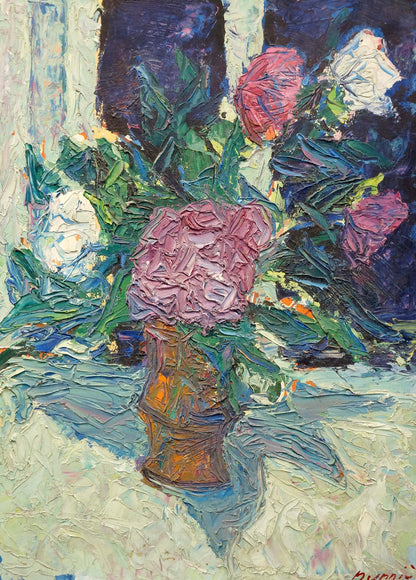 Vibrant impressionist oil painting of pink roses by Dupliy Sergey Alexandrovich