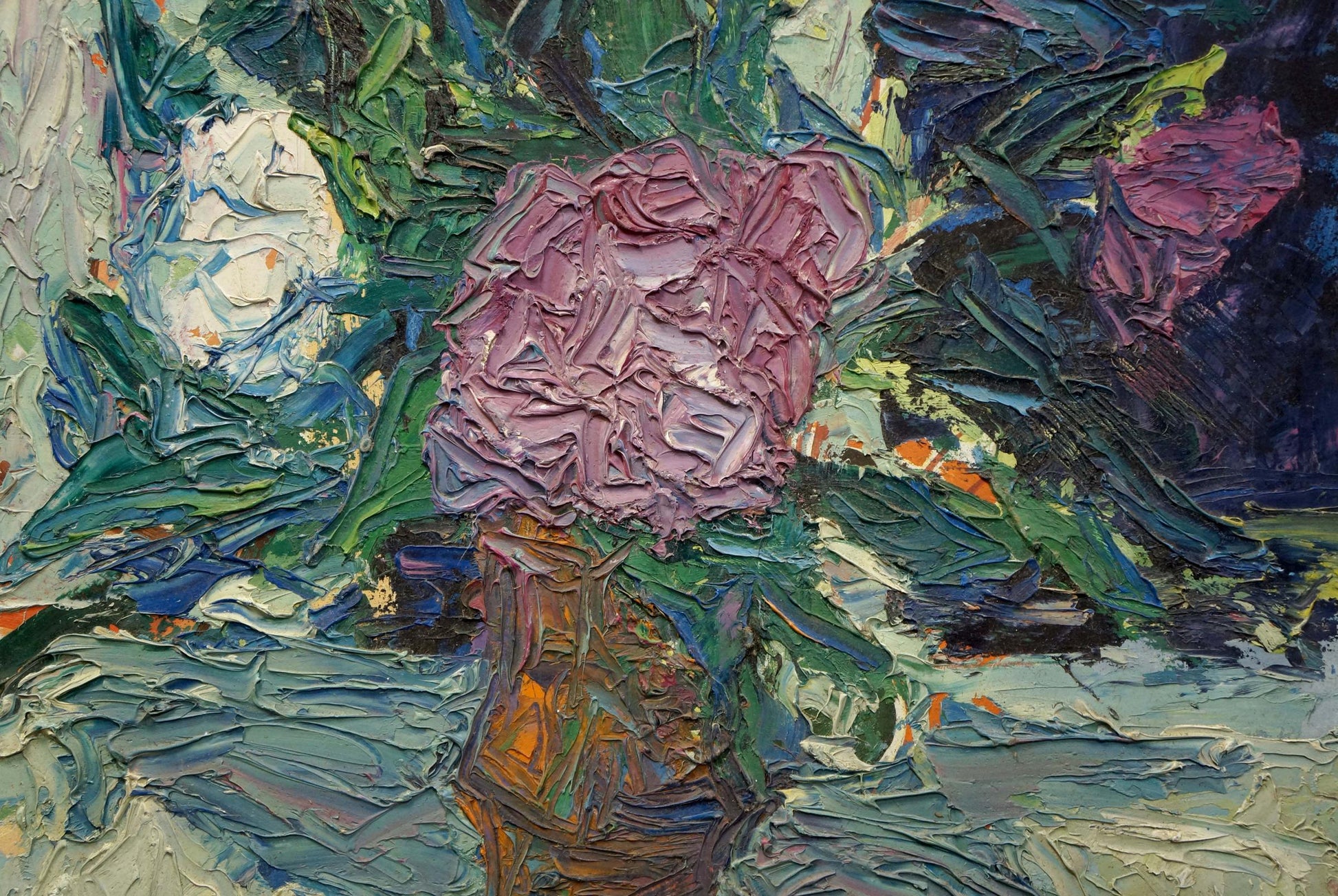 Textured impressionistic oil painting by Dupliy Sergey Alexandrovich with mauve and white flowers