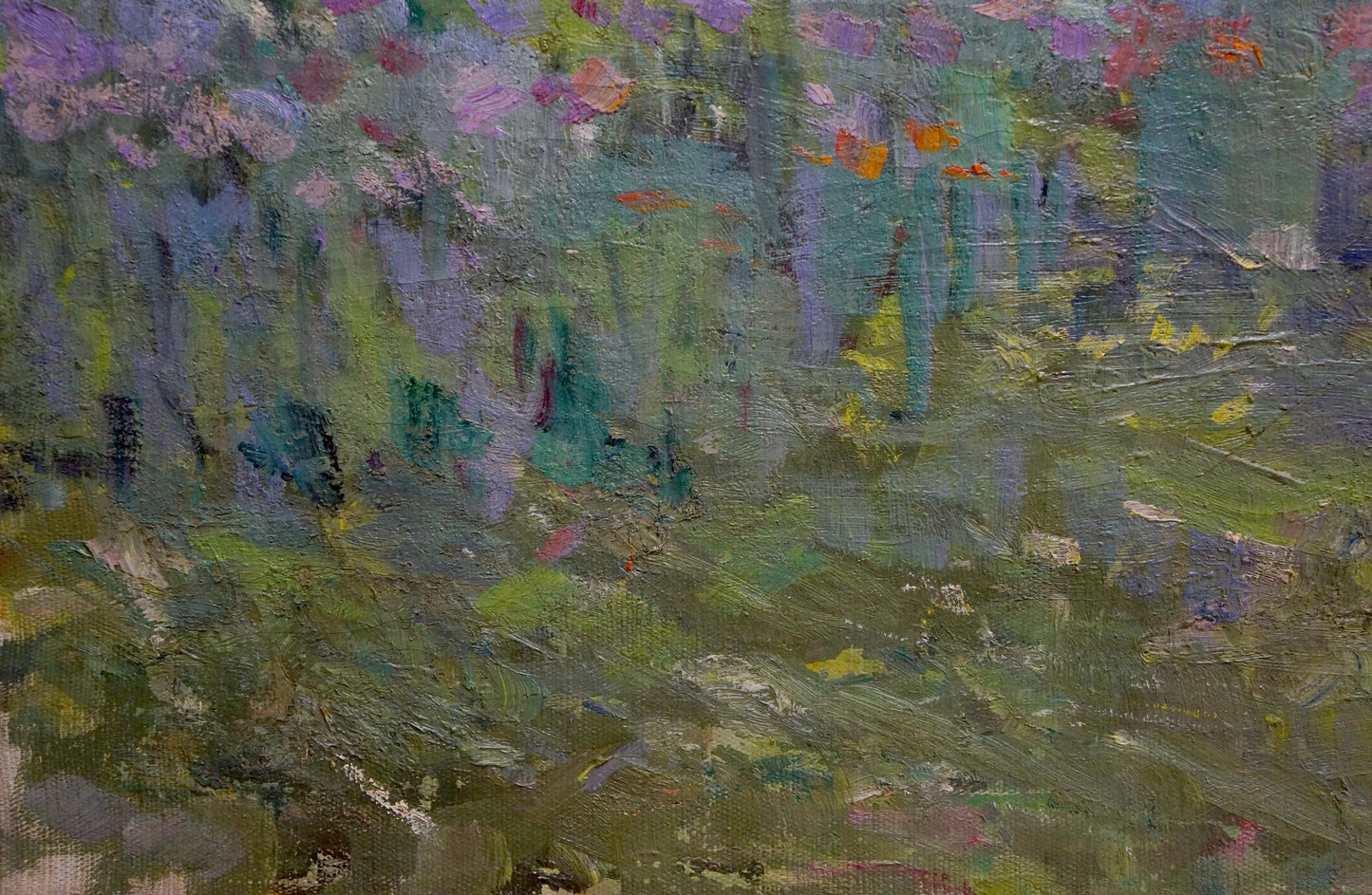 Oil painting Road to the mountains by Kapkanets Tamara Nikitichna with lush green foliage and soft purple pink orange blossoms