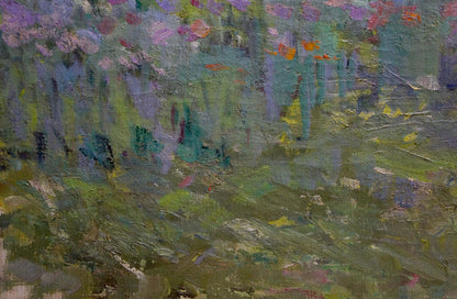 Oil painting Road to the mountains by Kapkanets Tamara Nikitichna with lush green foliage and soft purple pink orange blossoms