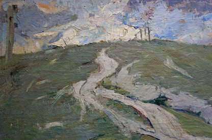 Textured impressionist oil painting of winding path to mountains by Kapkanets Tamara Nikitichna