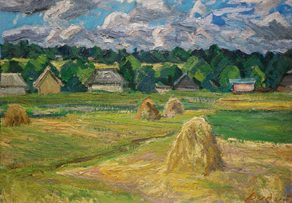 Oil painting by Dupliy Sergey Alexandrovich: golden hay bales in sunlit field under dramatic sky