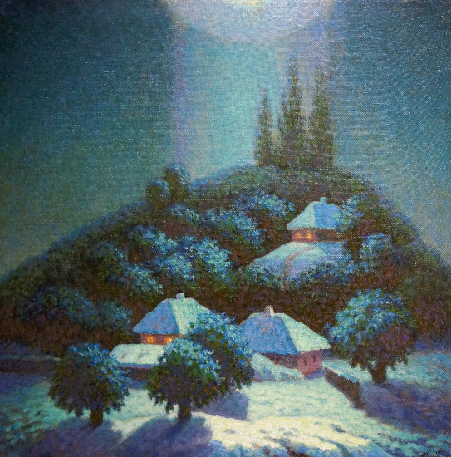 Oil painting Winter fairy tale by Volik Pavel Ivanovich: snowy cottages in evergreens