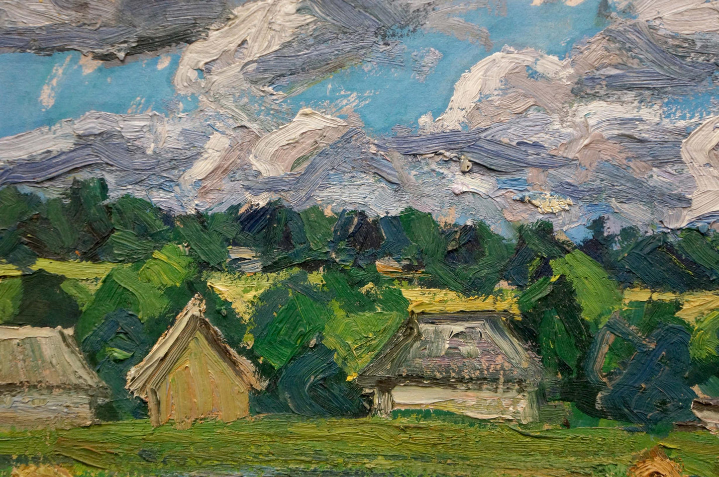 Oil painting by Dupliy Sergey Alexandrovich: plowed field in village under dynamic sky