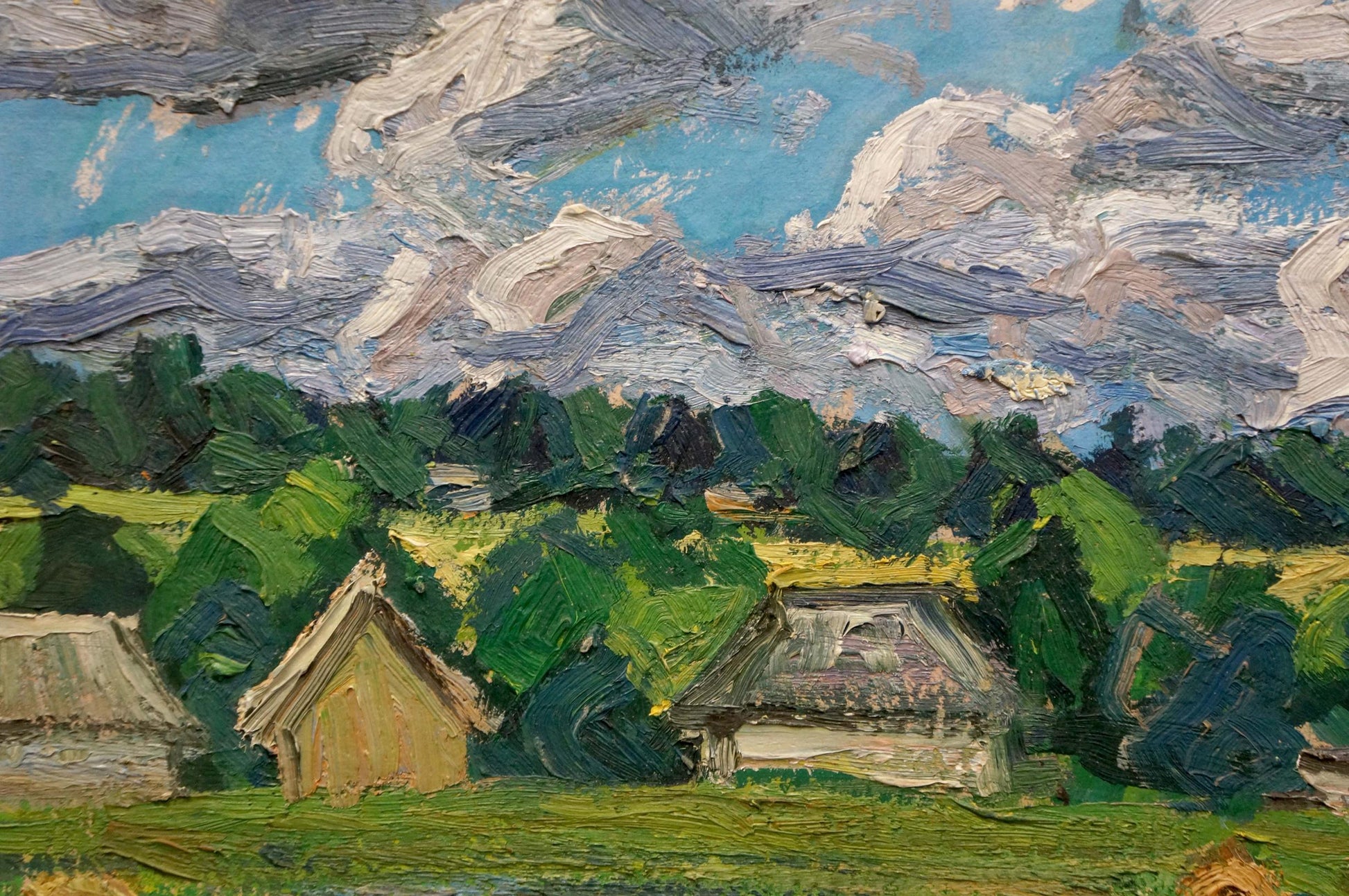 Oil painting by Dupliy Sergey Alexandrovich: plowed field in village under dynamic sky