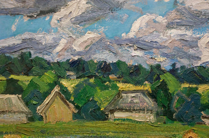 Oil painting by Dupliy Sergey Alexandrovich: plowed field in village under dynamic sky