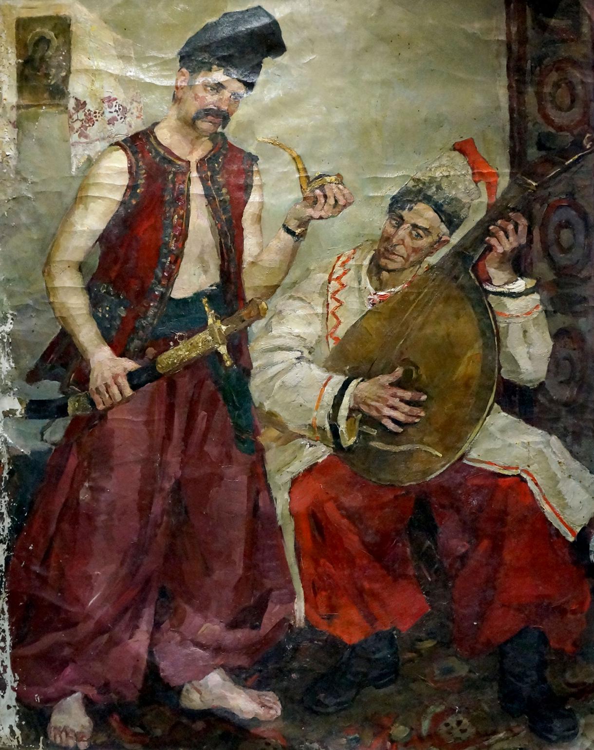Oil painting of Cossack veterans portrait by Maria Titarenko with balalaika