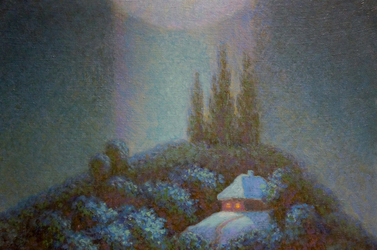 Oil painting Winter fairy tale by Volik Pavel Ivanovich: cozy snow-dusted cottage