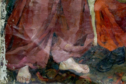 Oil painting of Cossack veterans portrait by Maria Titarenko with textured red fabric over bare feet