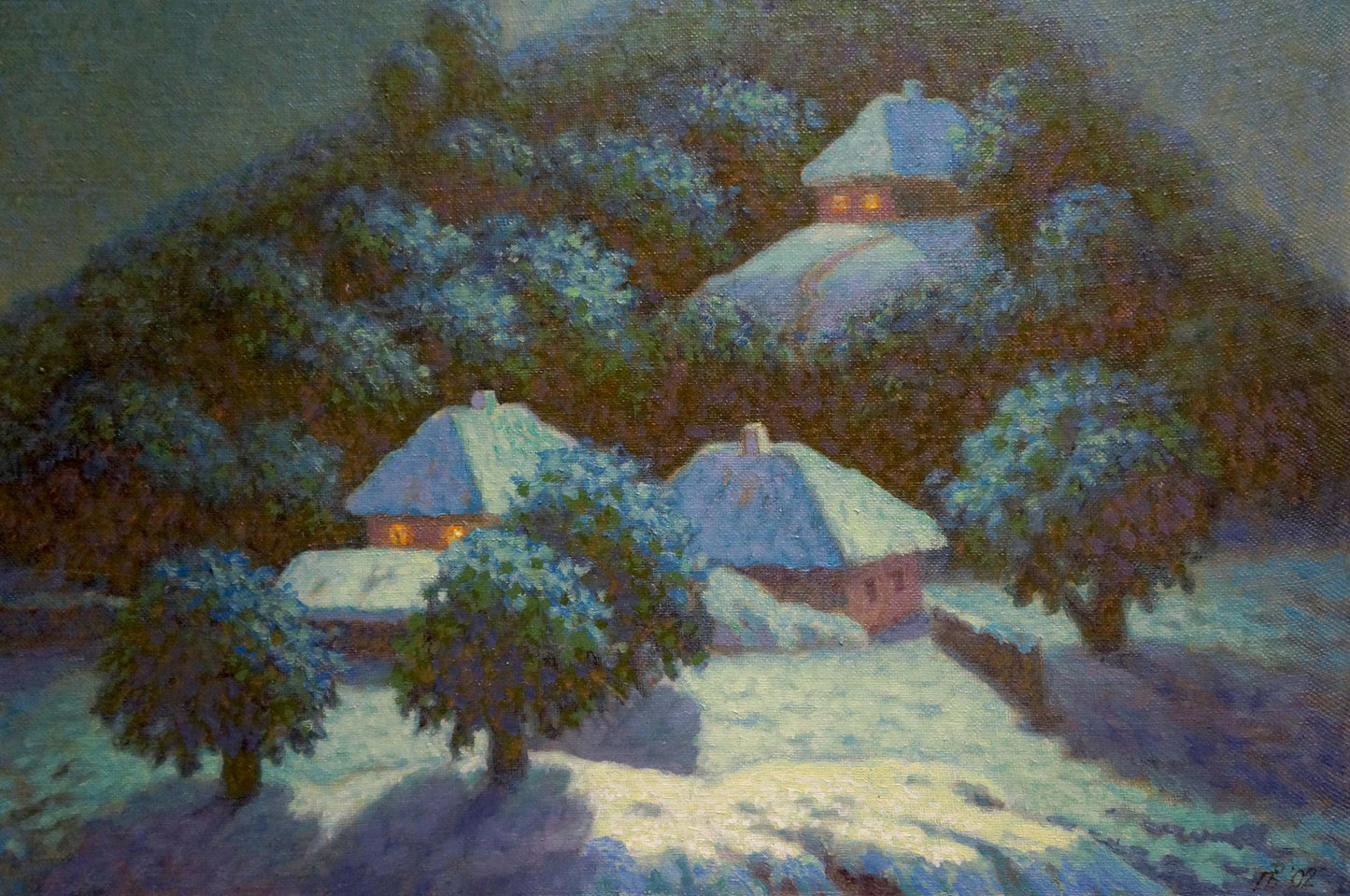 Oil painting by Volik Pavel Ivanovich: snow-covered village with thatched roofs