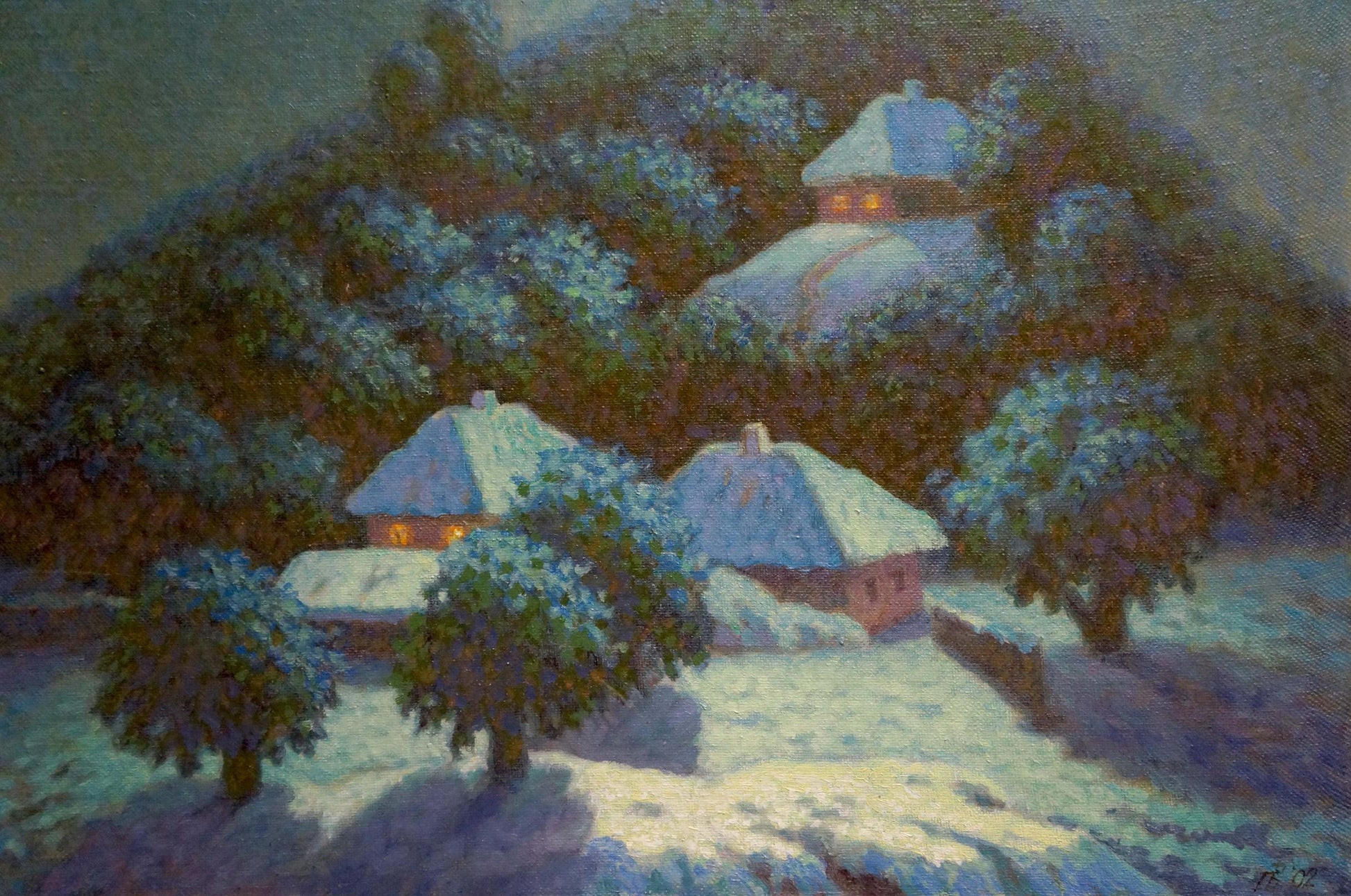 Oil painting by Volik Pavel Ivanovich: snow-covered village with thatched roofs