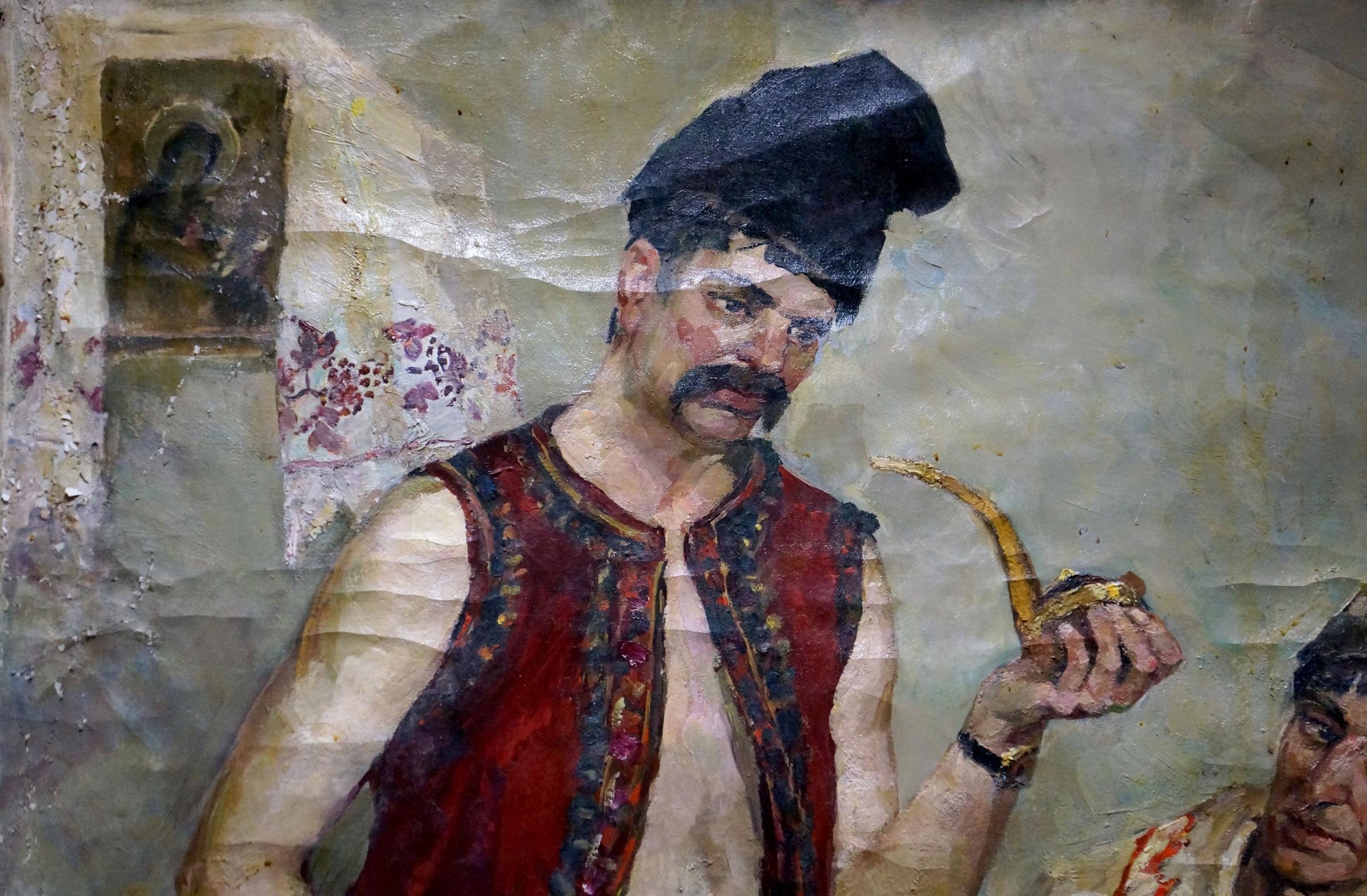 Oil painting of Cossack veteran in black beret and red vest by Maria Titarenko