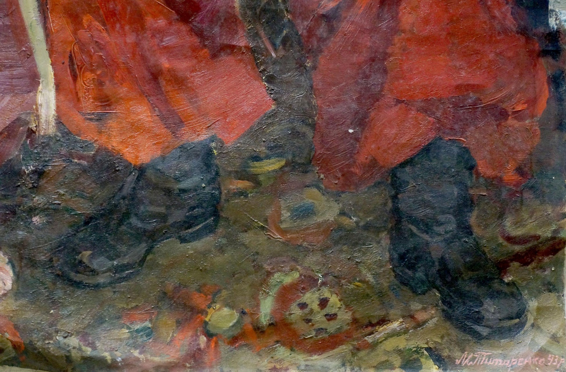 Oil painting of Cossack veterans portrait by Maria Titarenko with dark rugged boots