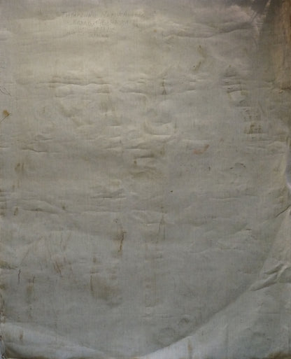 Back of oil painting Cossack Veterans Portrait Maria Titarenko, crumpled off-white fabric with creases and stains