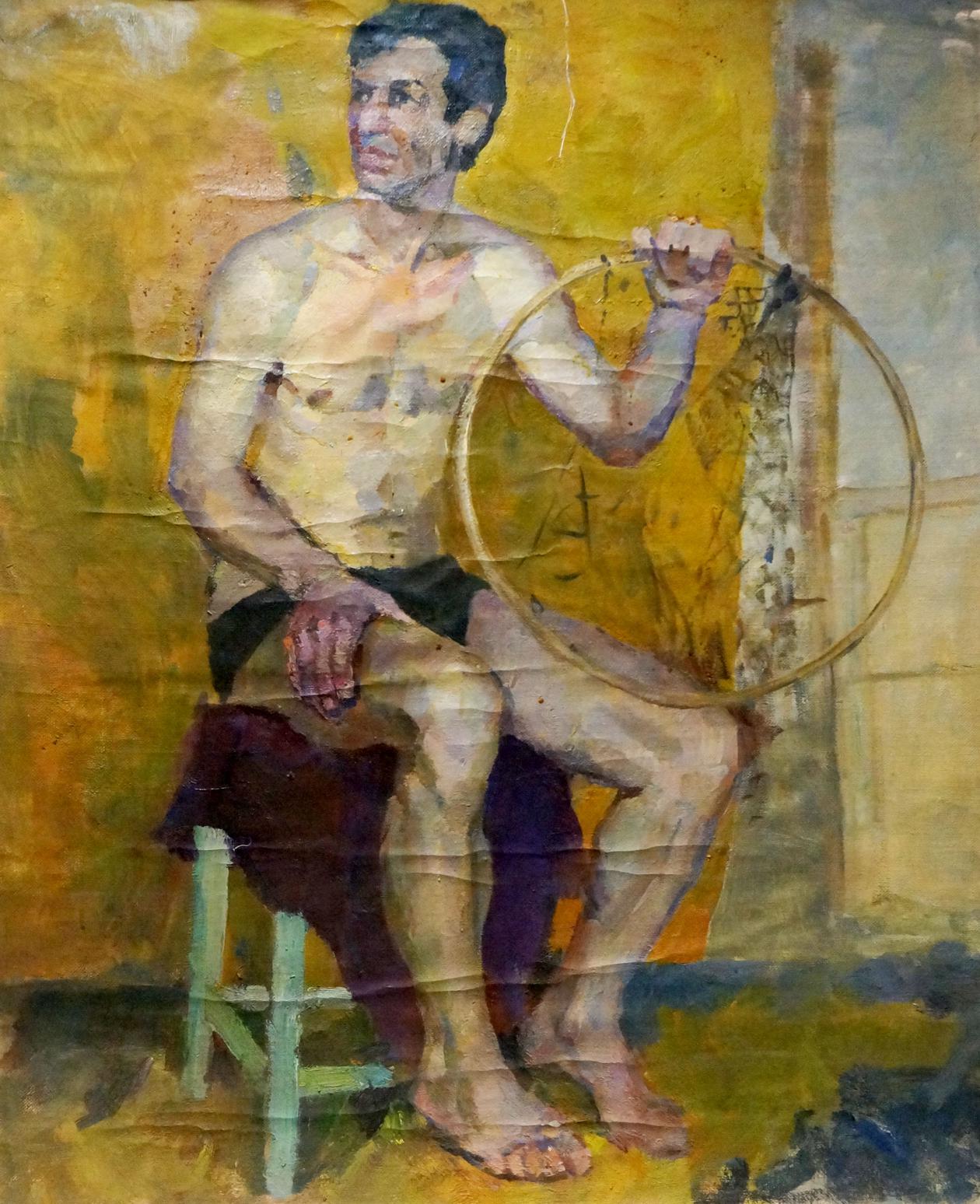 Oil painting portrait of shirtless man with circle by Maria Titarenko