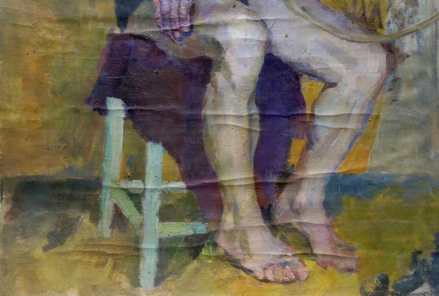 Oil painting portrait of Maria Titarenko: bare legs on green stool with purple fabric