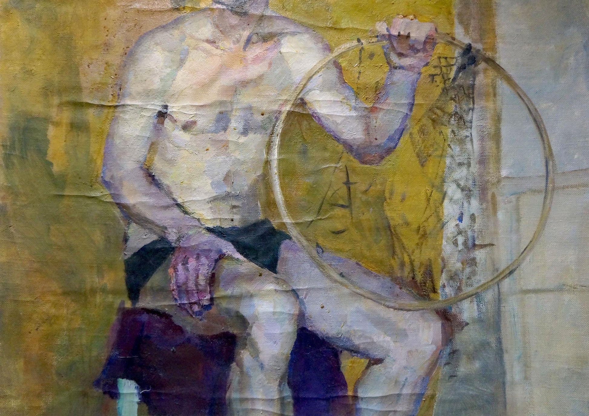 Oil painting by Maria Titarenko: nude man holding golden hoop