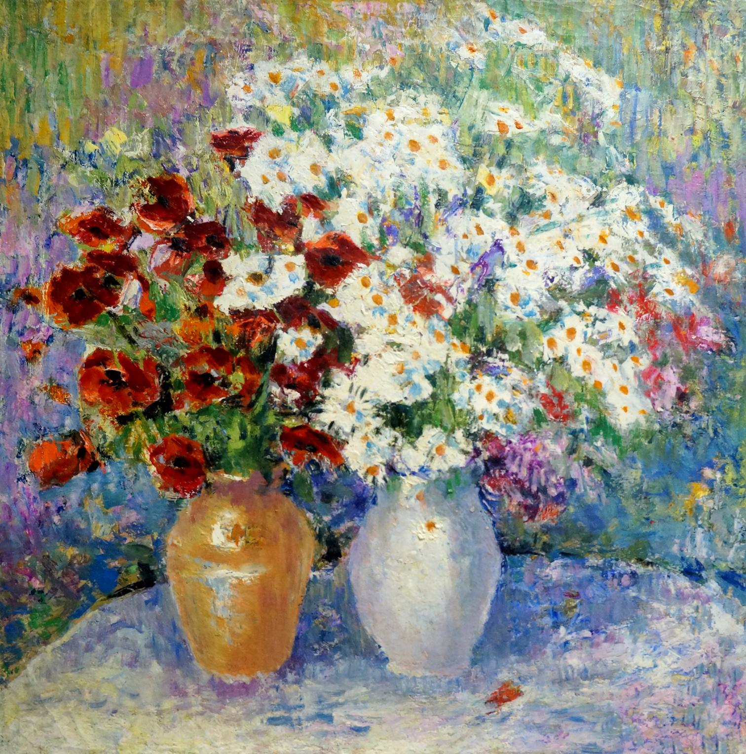 Oil painting of chamomiles and poppies with red poppies and white daisies in rustic vase