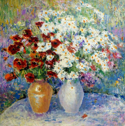 Oil painting of chamomiles and poppies with red poppies and white daisies in rustic vase