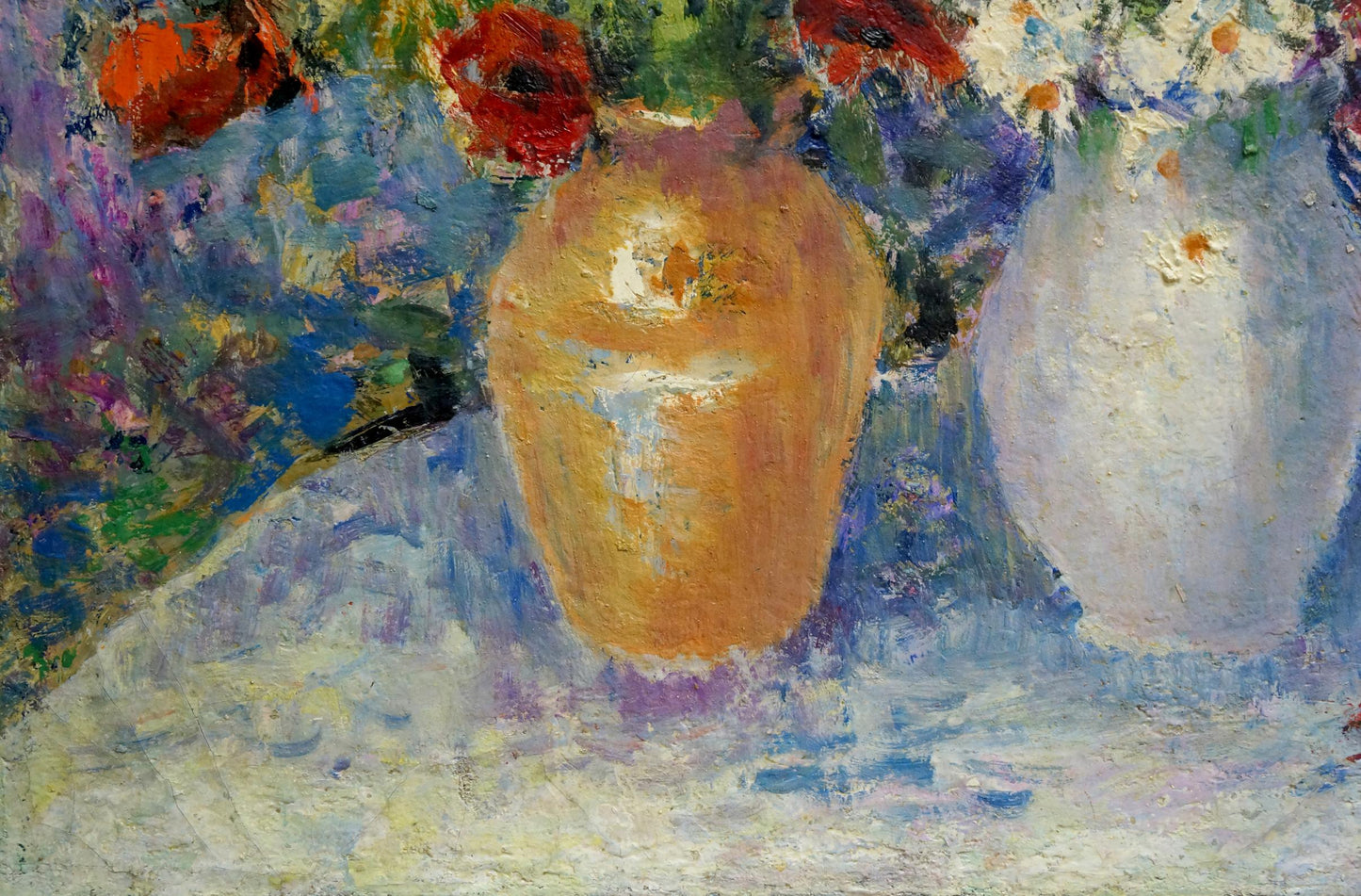 Warm earthy ceramic vase with chamomiles and poppies oil painting motif