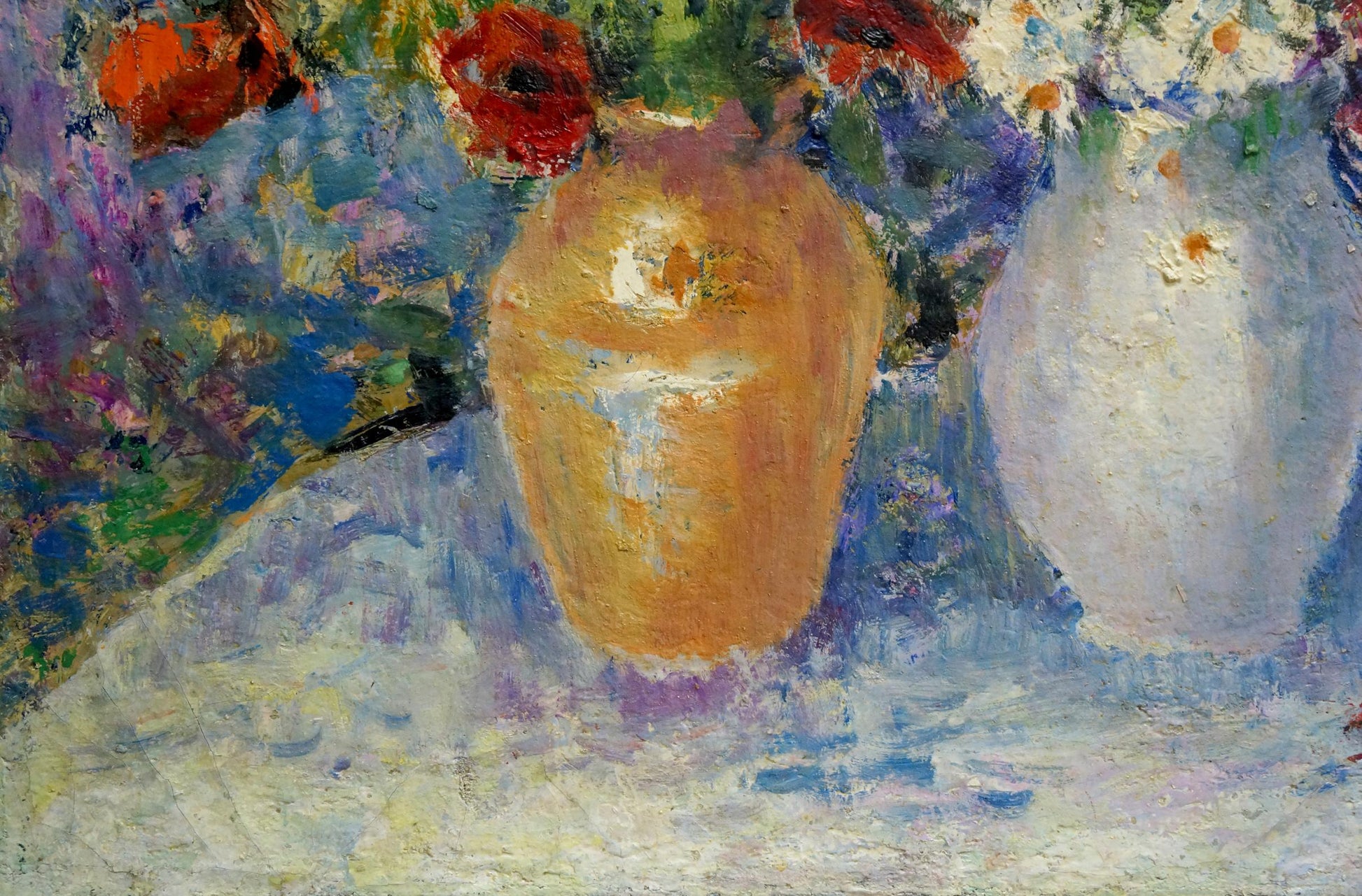 Warm earthy ceramic vase with chamomiles and poppies oil painting motif