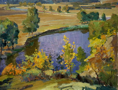 Serene autumn river landscape oil painting by Vladimir Korostelev