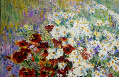 Oil painting of chamomiles and poppies in vibrant impressionist field