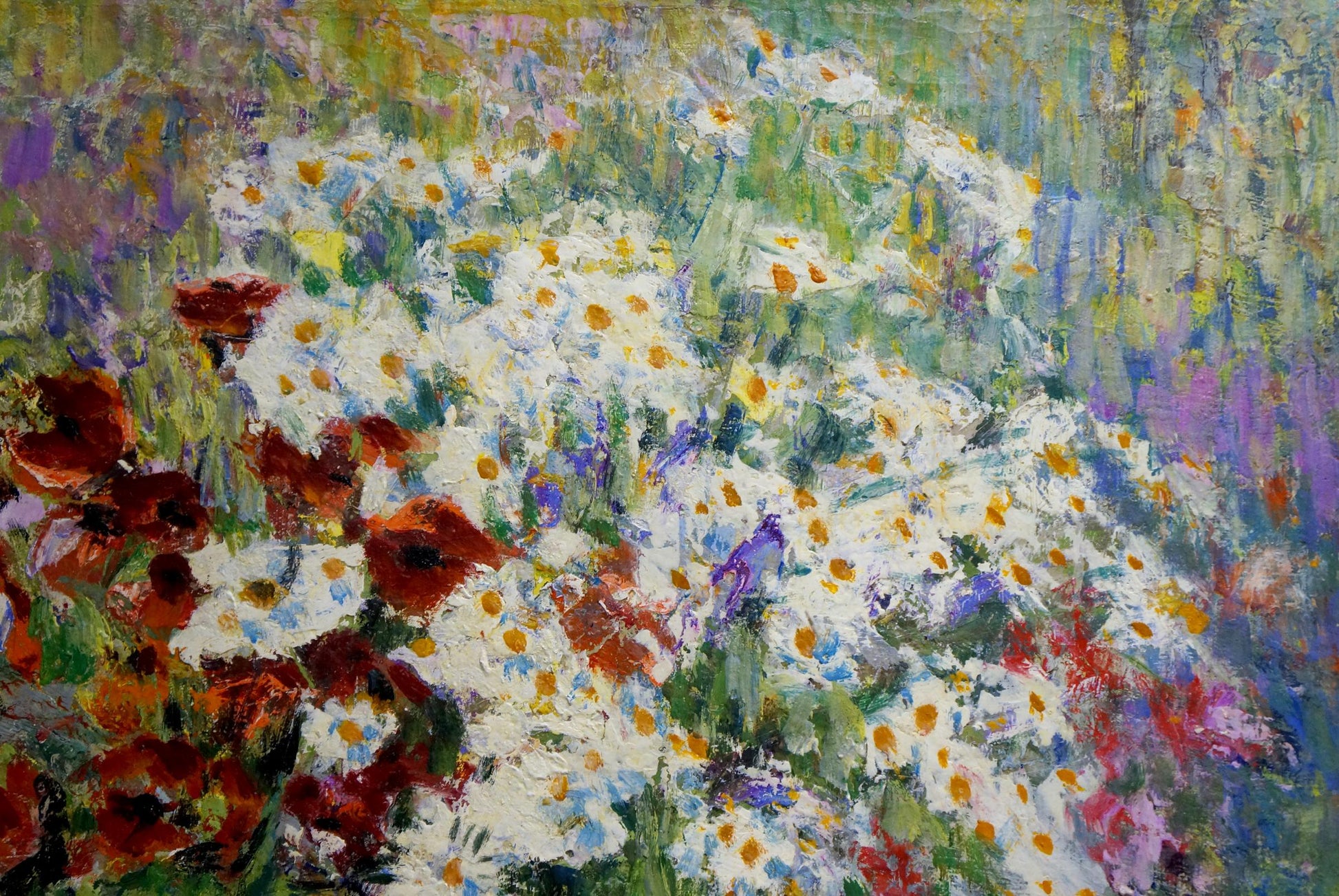 Vibrant oil painting of chamomiles and poppies by unknown artist