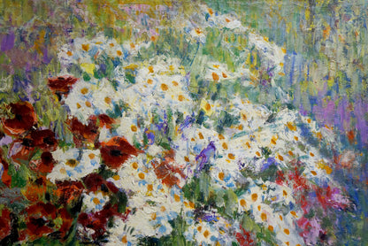 Vibrant oil painting of chamomiles and poppies by unknown artist
