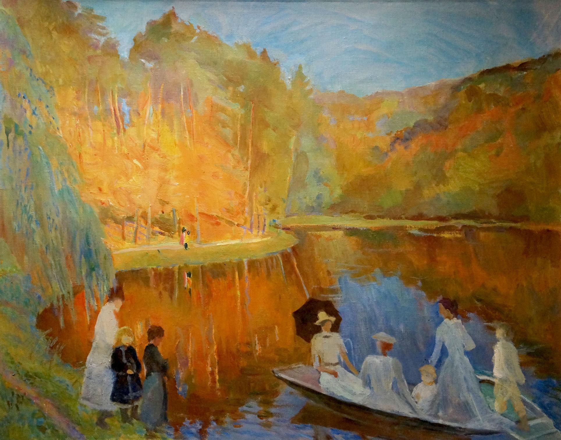 Serene oil painting by Titarenko Maria Anatolyevna: people boating by autumn river