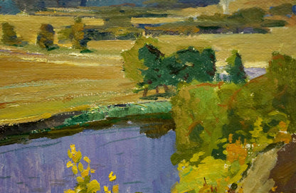 Vibrant oil painting of autumn yellow landscape by Vladimir Korostelev