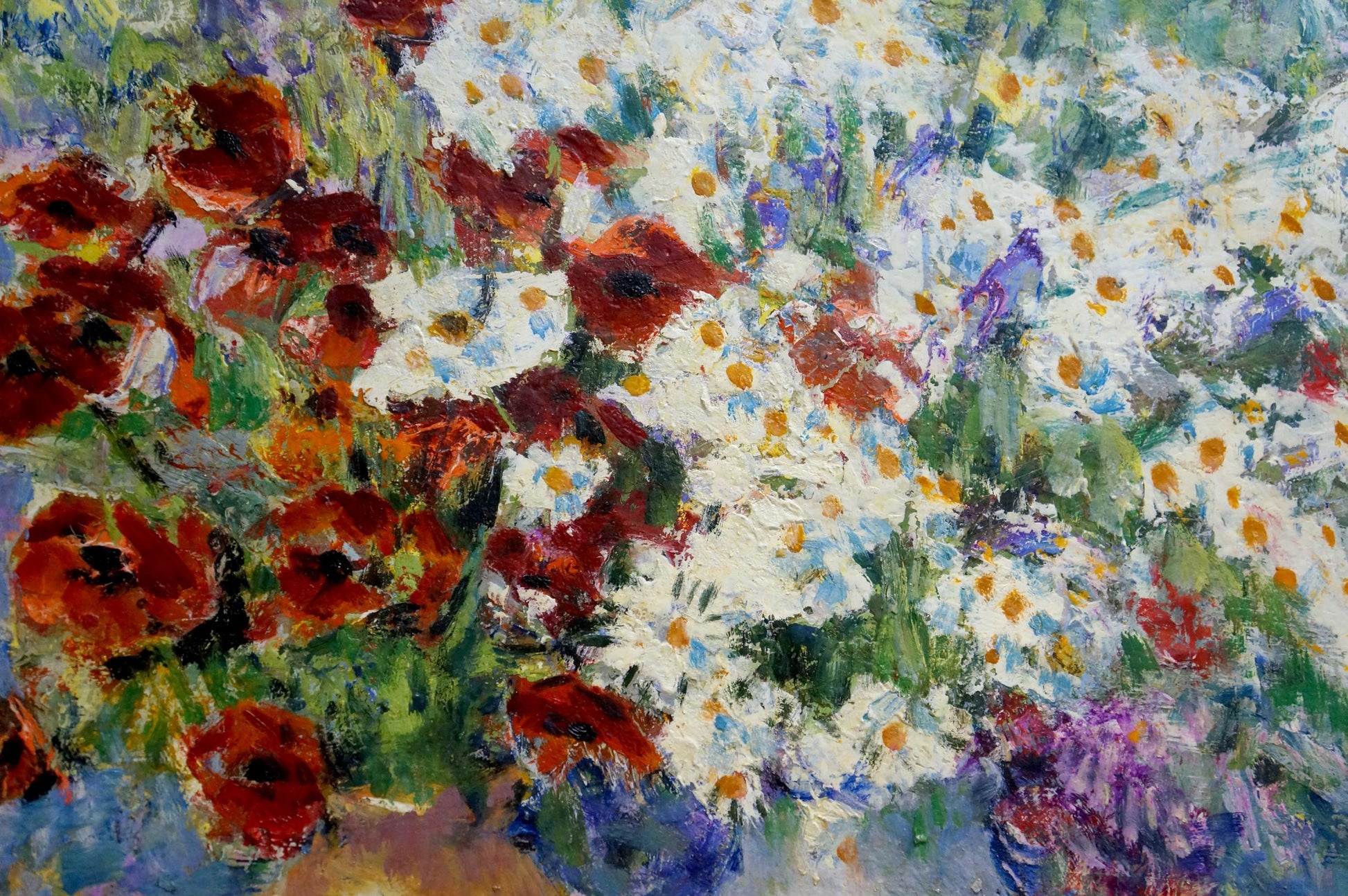 Vibrant oil painting of chamomiles and poppies by unknown artist