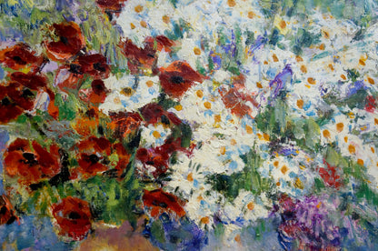 Vibrant oil painting of chamomiles and poppies by unknown artist
