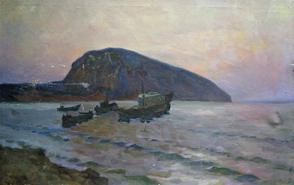 Serene Oil Painting Departure: cliffside over calm waters at twilight