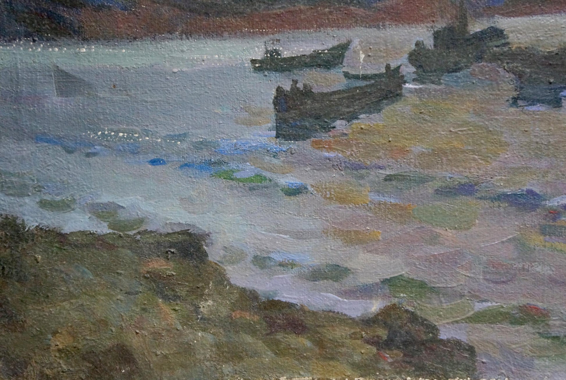 Oil painting Departure: dark fishing boats on shimmering multicolored water