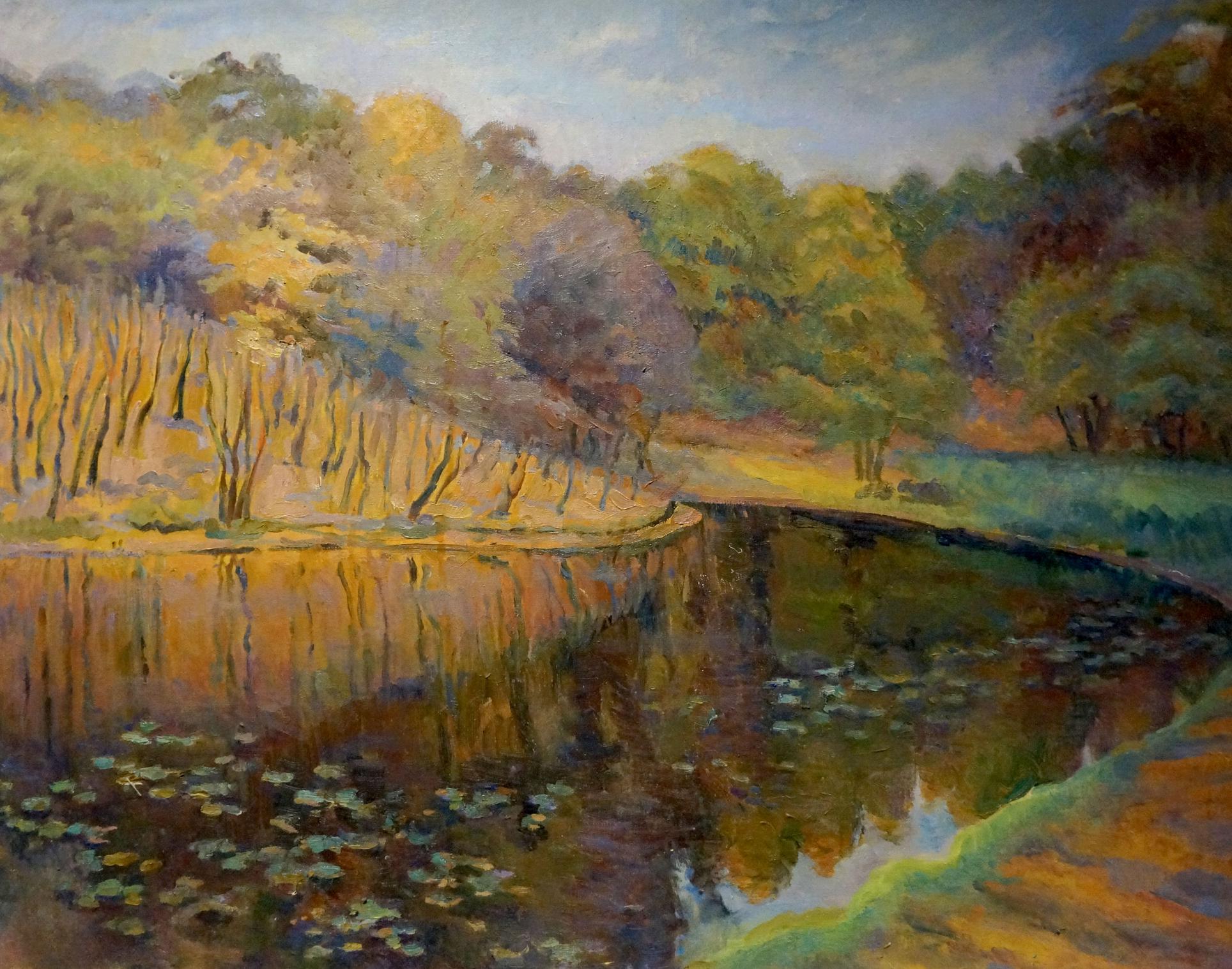 Serene oil painting of forest pond by Titarenko Maria Anatolyevna