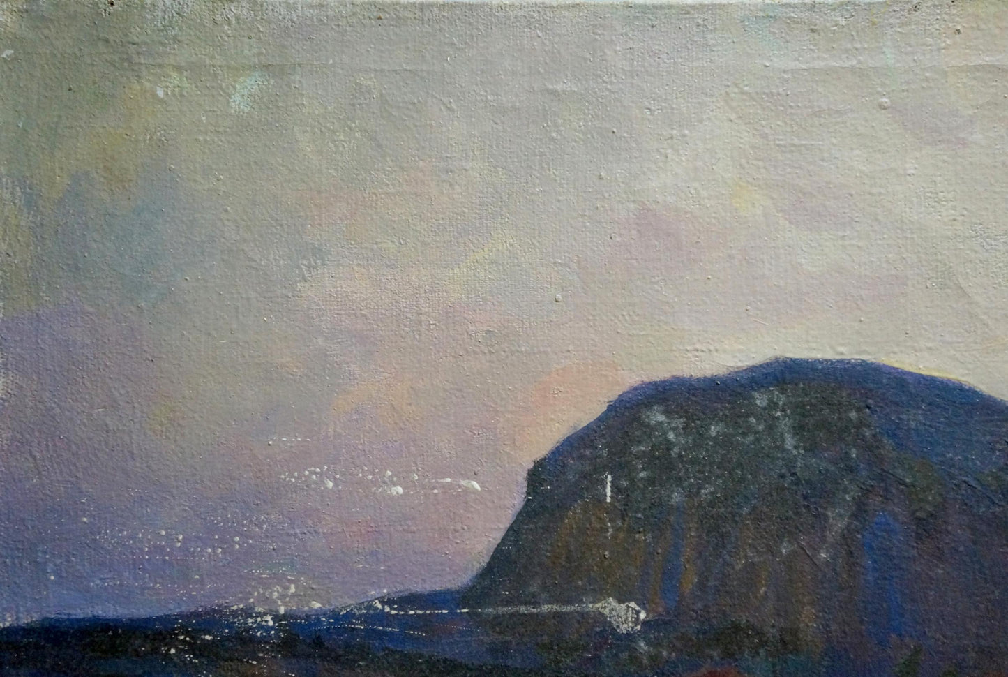 Oil painting Departure: textured cliff against muted purple-gray sky