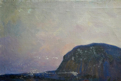 Oil painting Departure: textured cliff against muted purple-gray sky