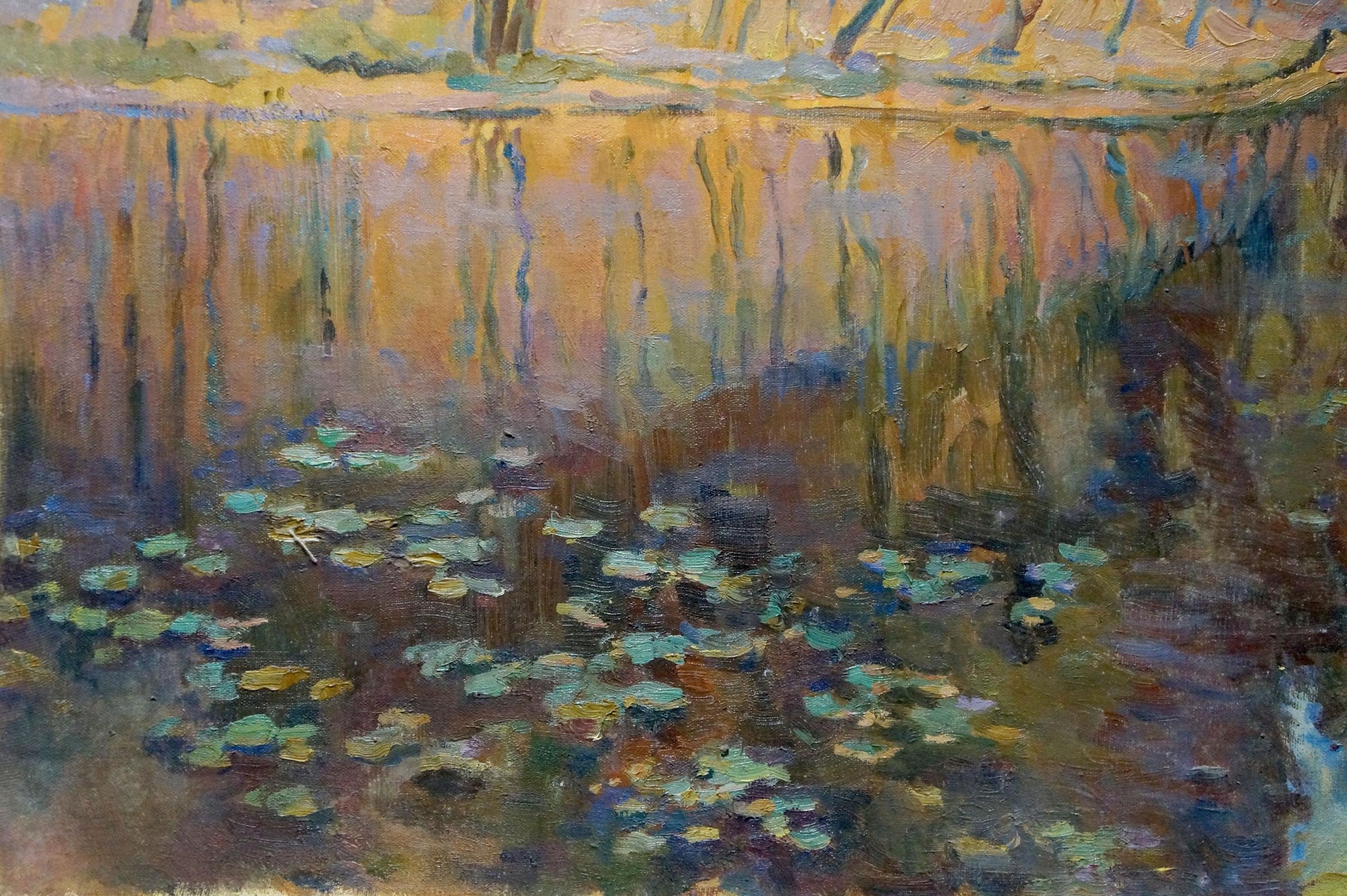 Serene impressionist oil painting of forest pond by Titarenko Maria Anatolyevna