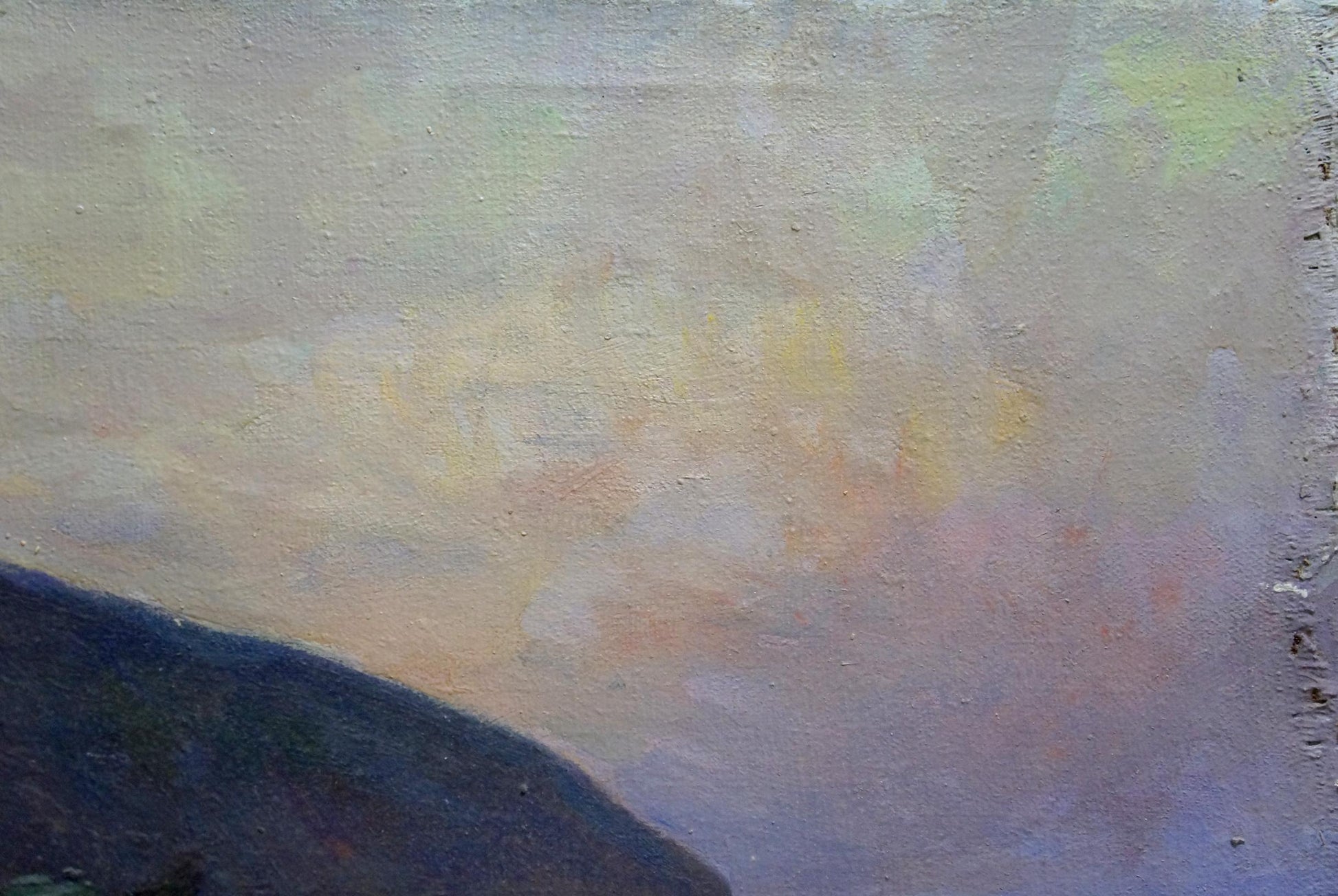 Oil painting Departure: pastel sky with yellow-lavender gradients over blue hillside