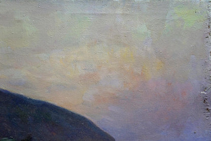 Oil painting Departure: pastel sky with yellow-lavender gradients over blue hillside