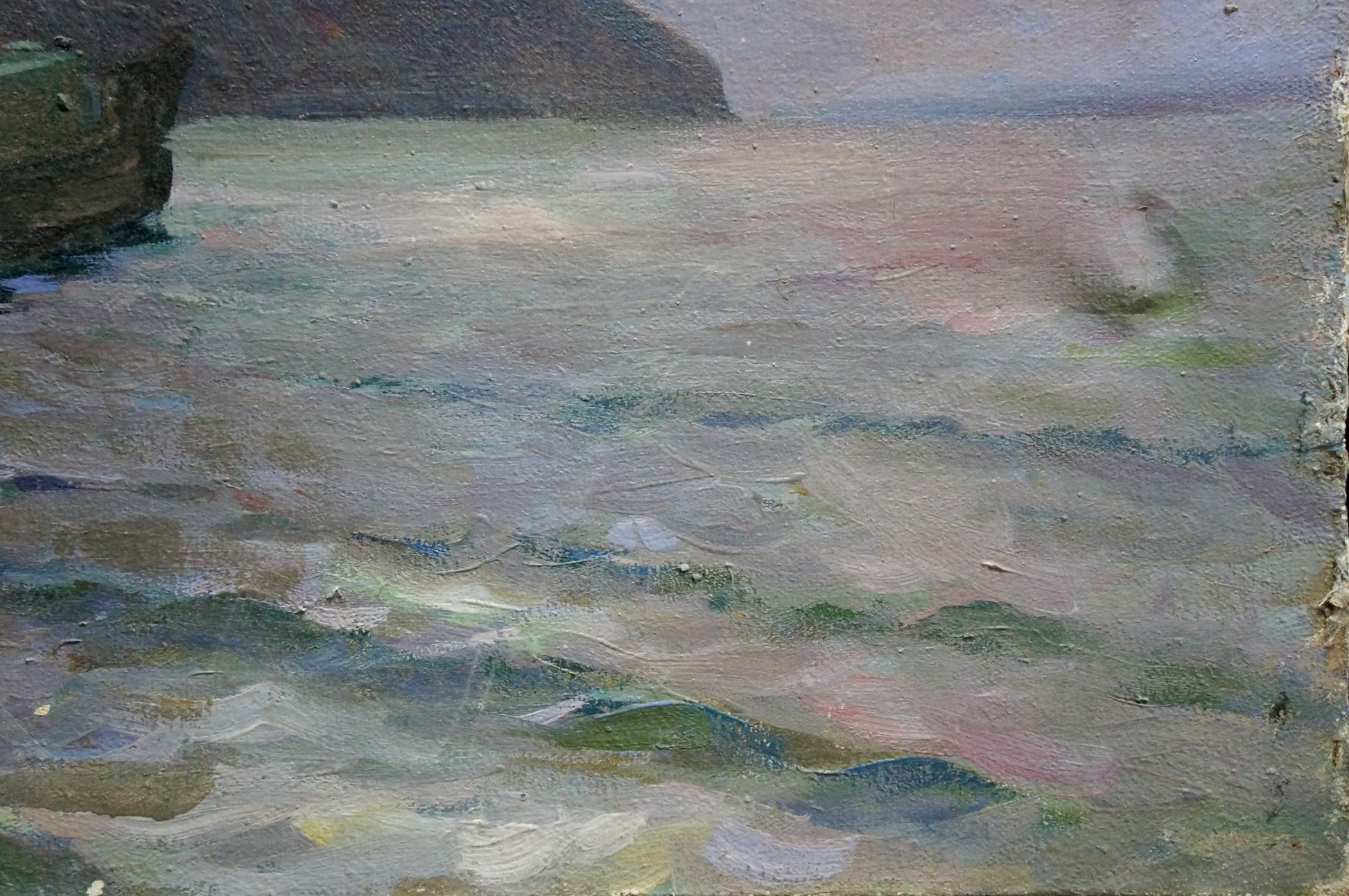 Oil painting Departure: serene coastal scene with green-gray water and cliffs