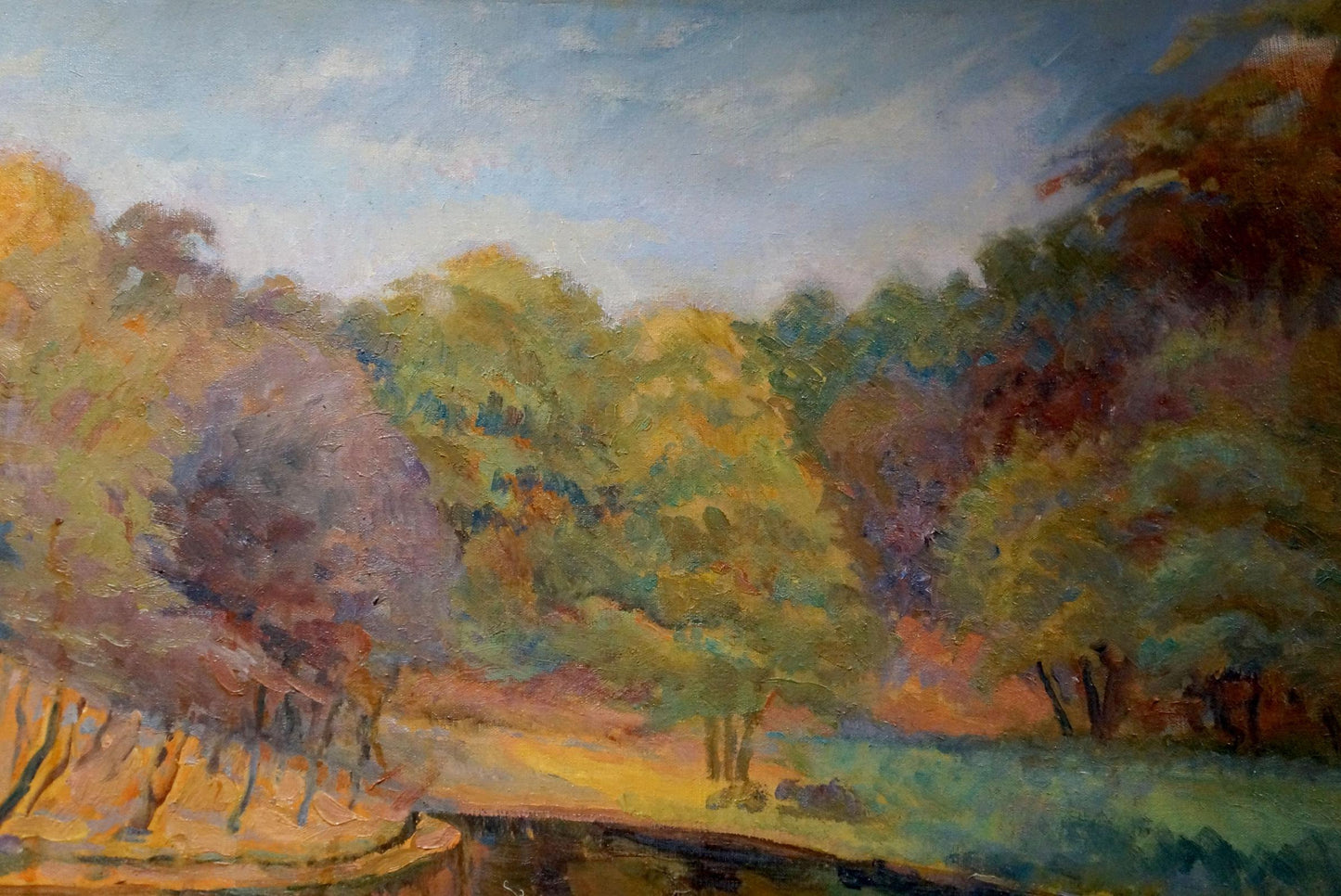 Vibrant impressionist oil painting of autumn forest pond by Titarenko Maria Anatolyevna