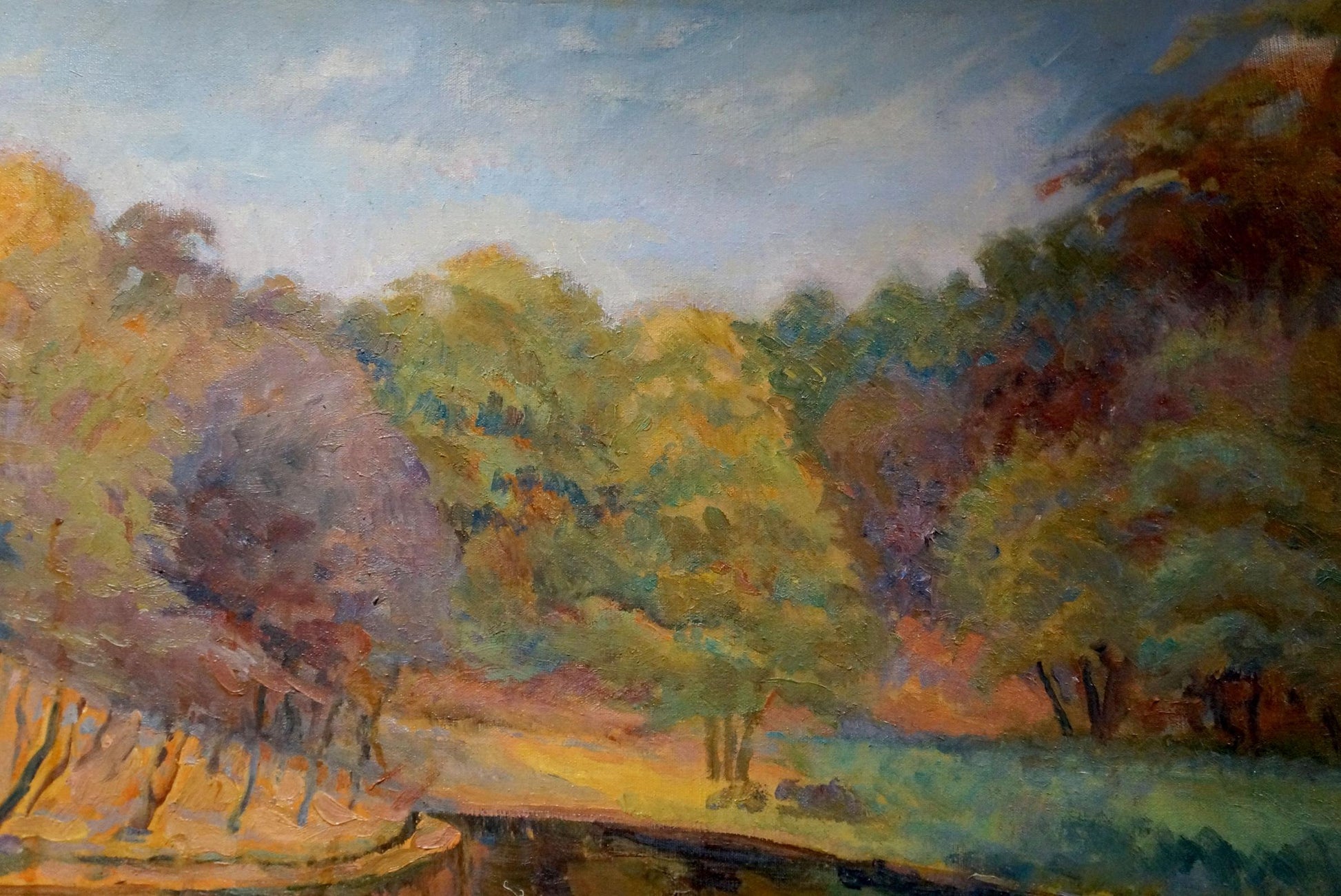 Vibrant impressionist oil painting of autumn forest pond by Titarenko Maria Anatolyevna