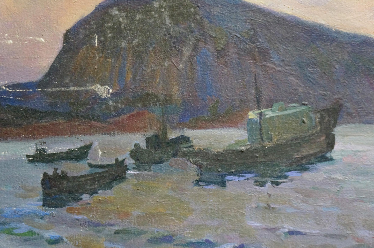 Oil painting Departure: boats in calm waters by rocky cliff
