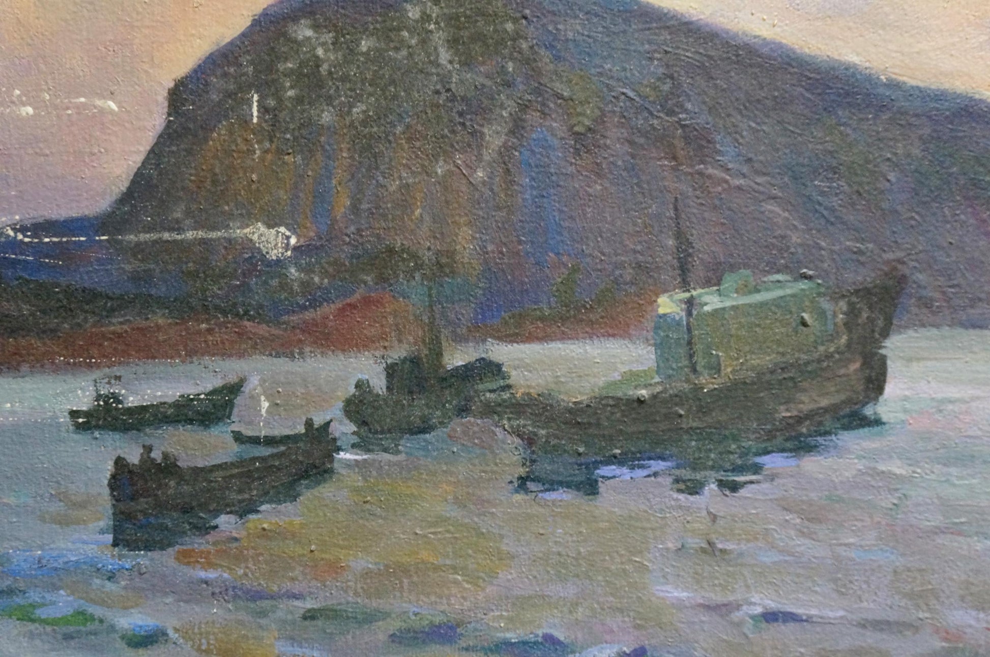 Oil painting Departure: boats in calm waters by rocky cliff