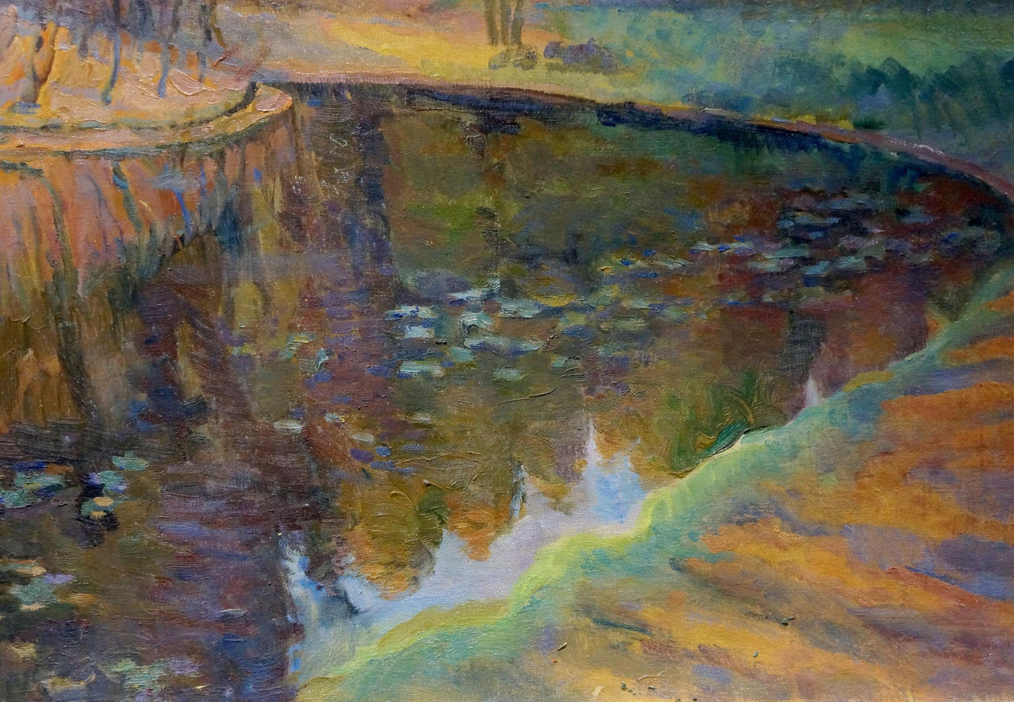 Vibrant impressionist oil painting of forest pond with lily pads by Titarenko Maria Anatolyevna