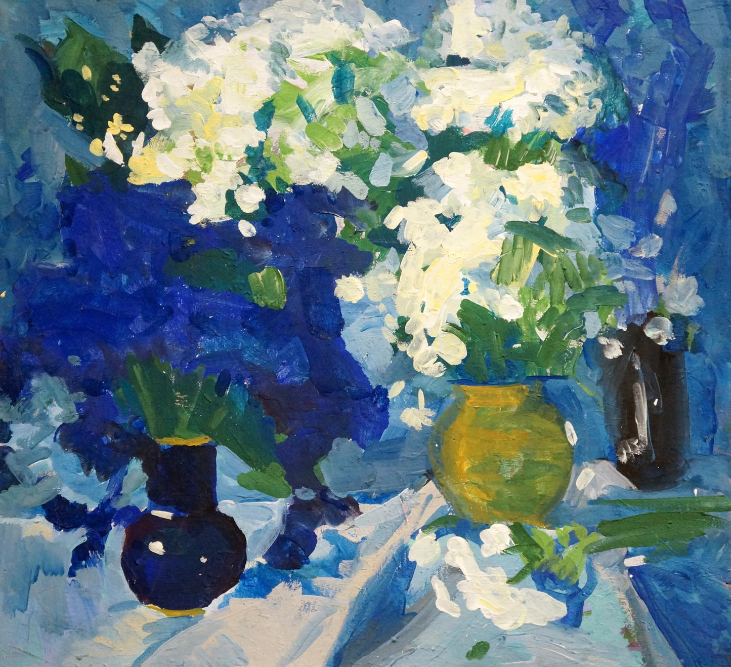 Oil painting Spring flowers: yellow vase with white green hydrangeas