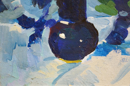 Dark blue glossy vase with white accents in Oil painting Spring flowers