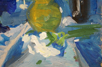 Oil painting Spring flowers: yellow-green fruit on white blossoms